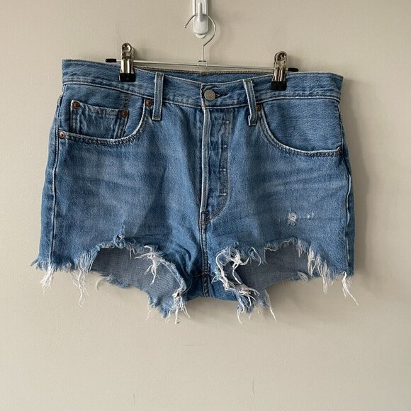 Levi's 501 High Rise Distressed Denim Medium Wash Casual Cutoff Shorts Blue 29 - Picture 2 of 9
